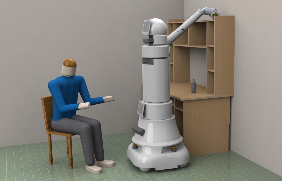Conceptual robotic platform grasping an object from a house library shelf of increased height